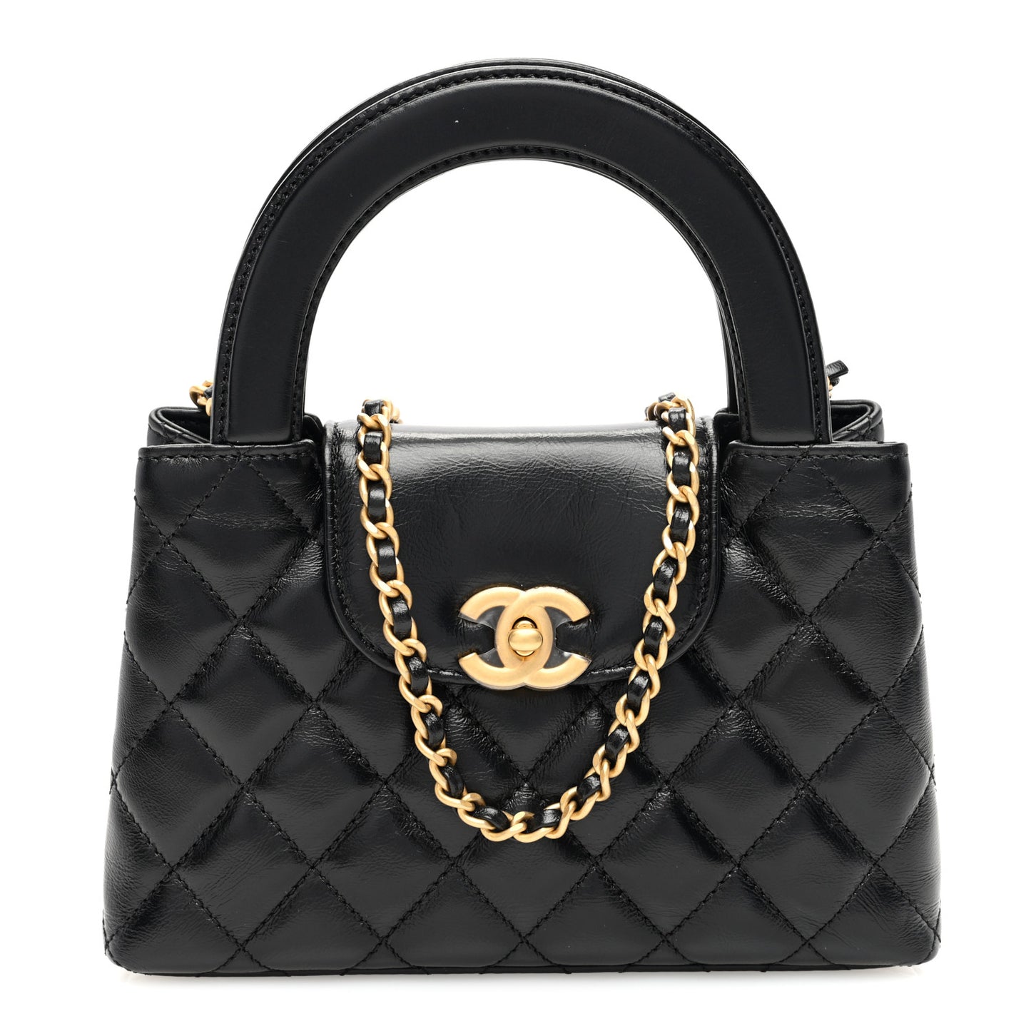 Shiny Aged Calfskin Quilted Nano Kelly Shopper Black