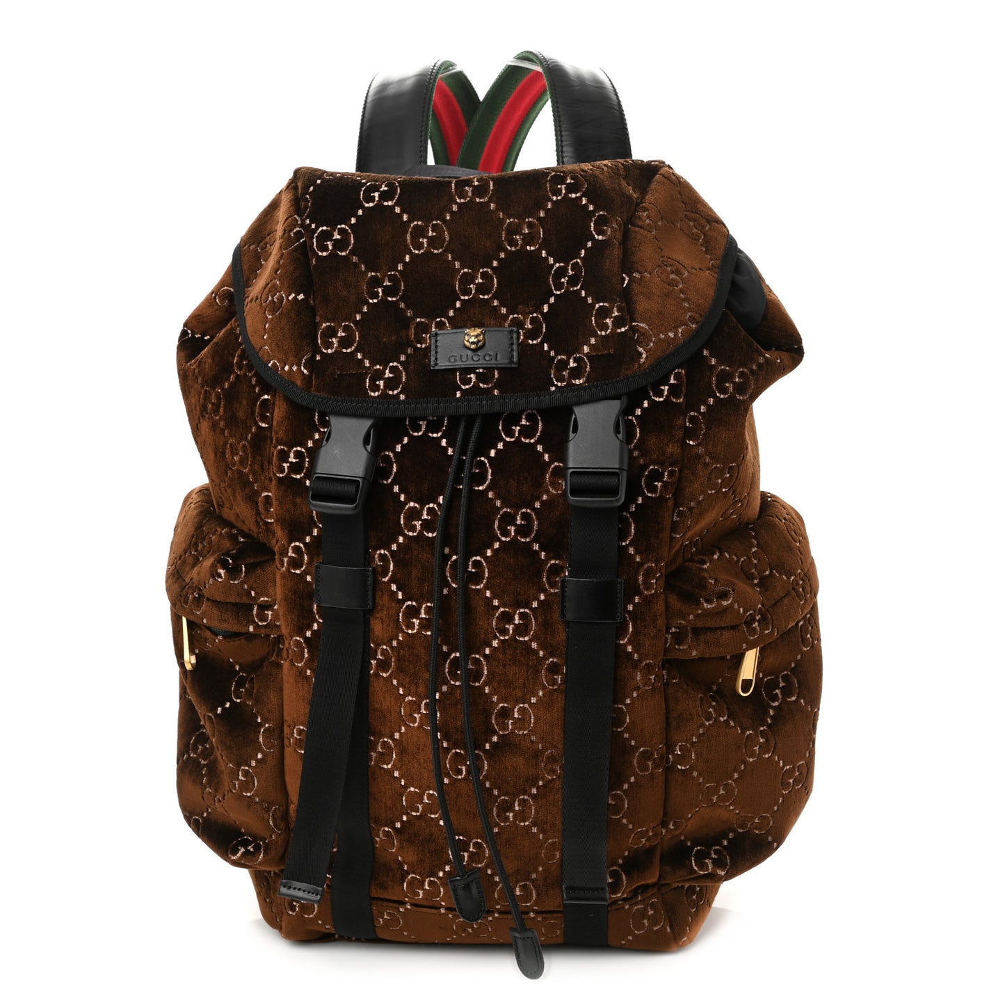 Velvet GG Monogram Web Medium Double Buckle Backpack Brown Black