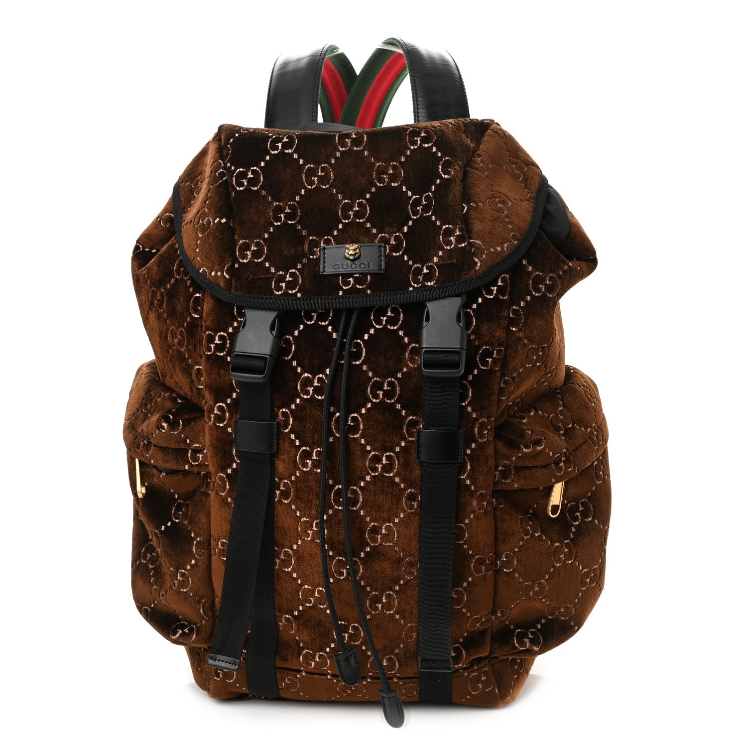 Gucci Velvet GG Monogram Web Medium Double Buckle Backpack Brown Black 1 of 9