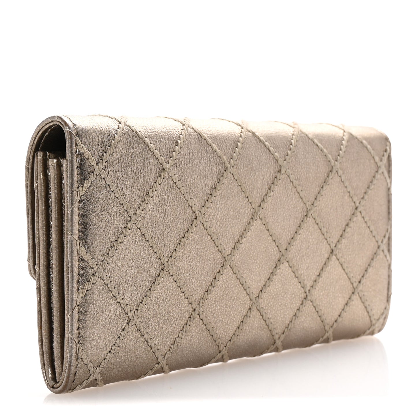 Metallic Lambskin Quilted Stitch Large Gusset Flap Wallet Gold