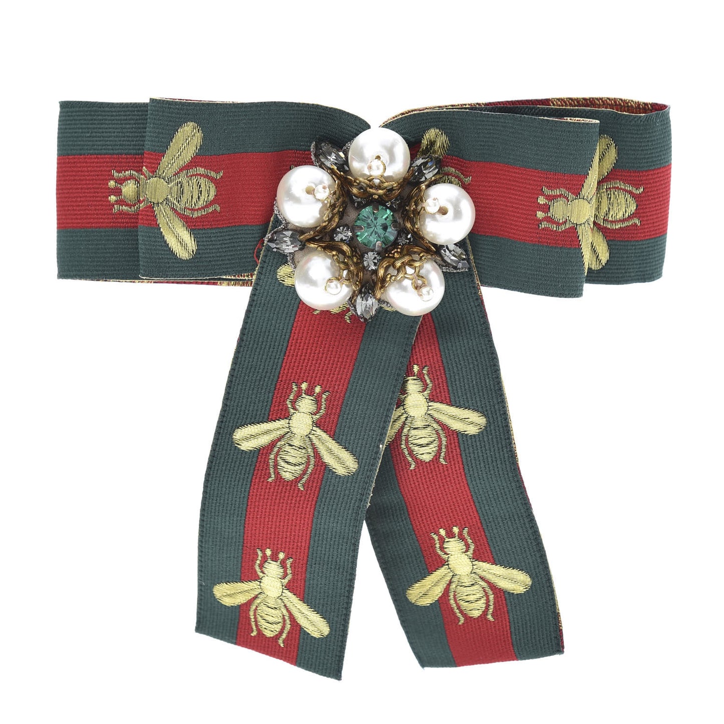 Ribbon Web Bow Bee Pearl Brooch Red Green