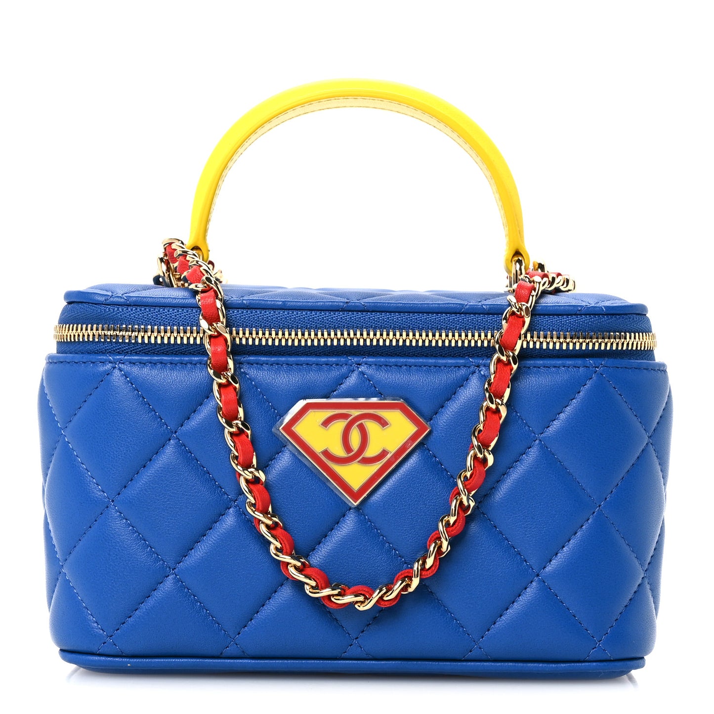 Lambskin Quilted Top Handle Vanity  Blue Red Yellow