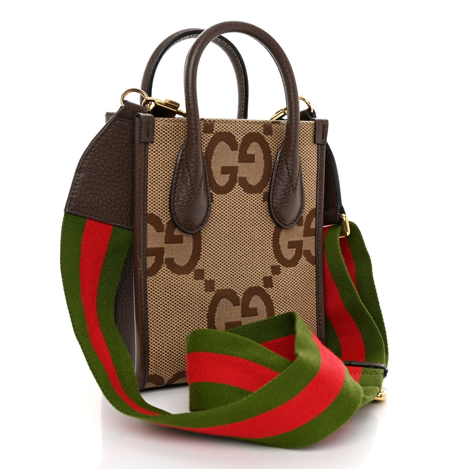 Gucci Monogram Jumbo GG Textured Dollar Calfskin Web Mini Vertical Tote Camel Ebony New Acero 3 of 13