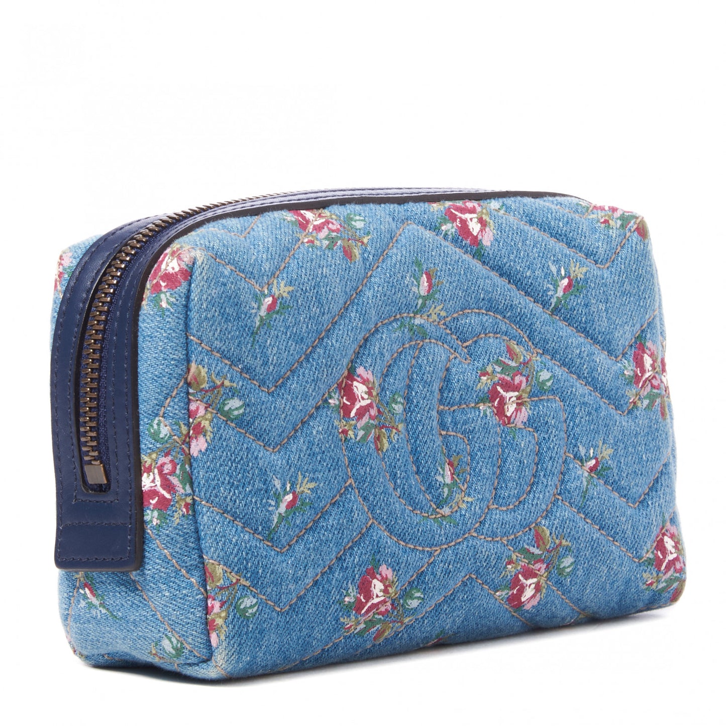 Denim Matelasse Flora GG Marmont Cosmetic Case Blue