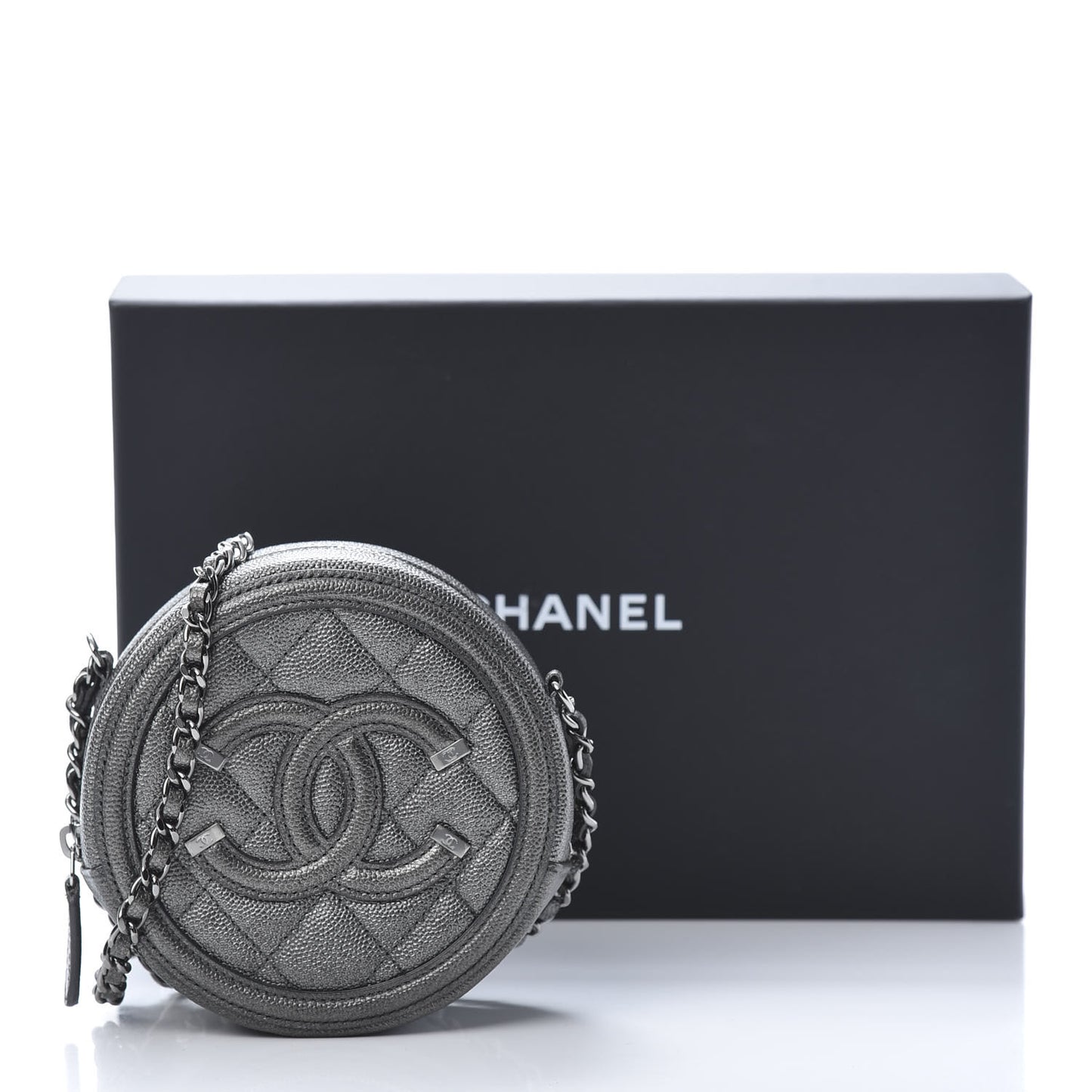 Metallic Caviar Quilted Round Filigree Crossbody Dark Silver