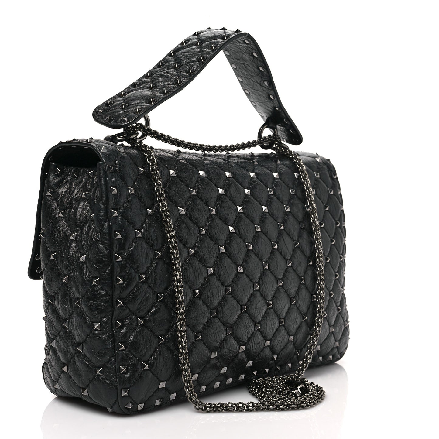 Craquele Nappa Large Rockstud Spike Shoulder Bag Black