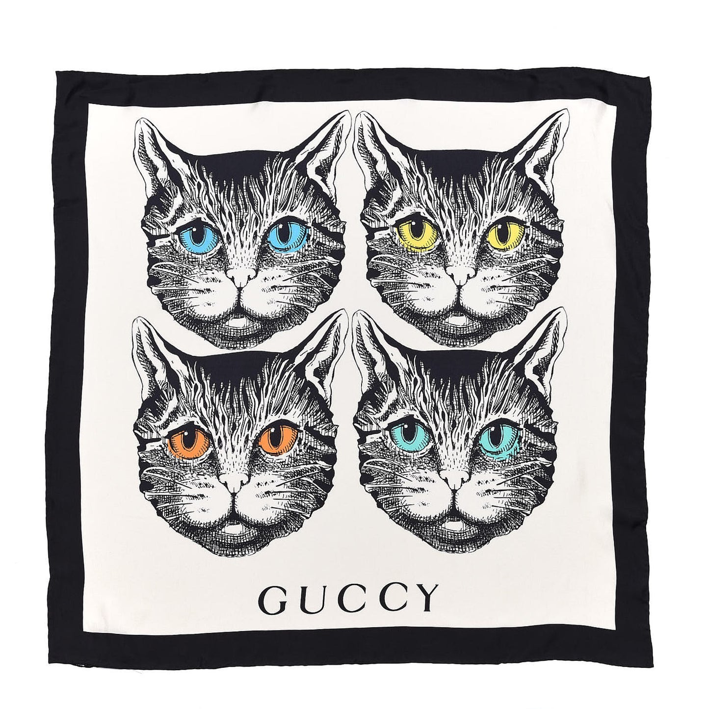 Silk Twill Forcats Square Scarf Ivory Black