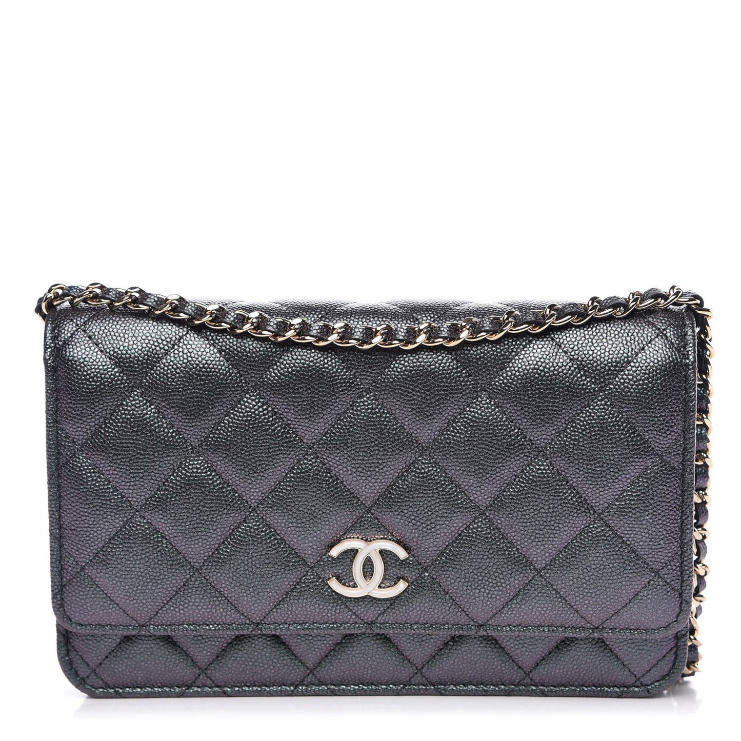 Iridescent Caviar Quilted Wallet On Chain WOC Black