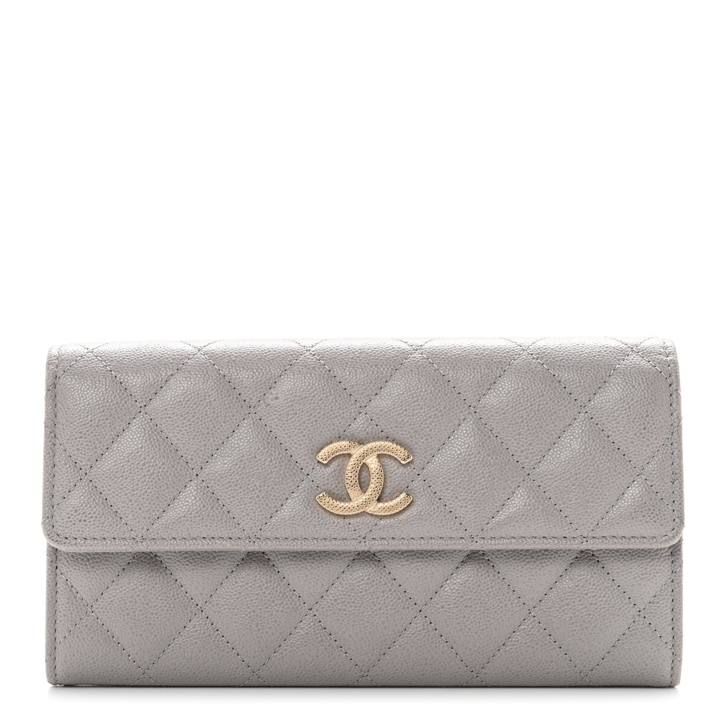 Caviar Quilted Studded CC Large Gusset Flap Wallet Grey