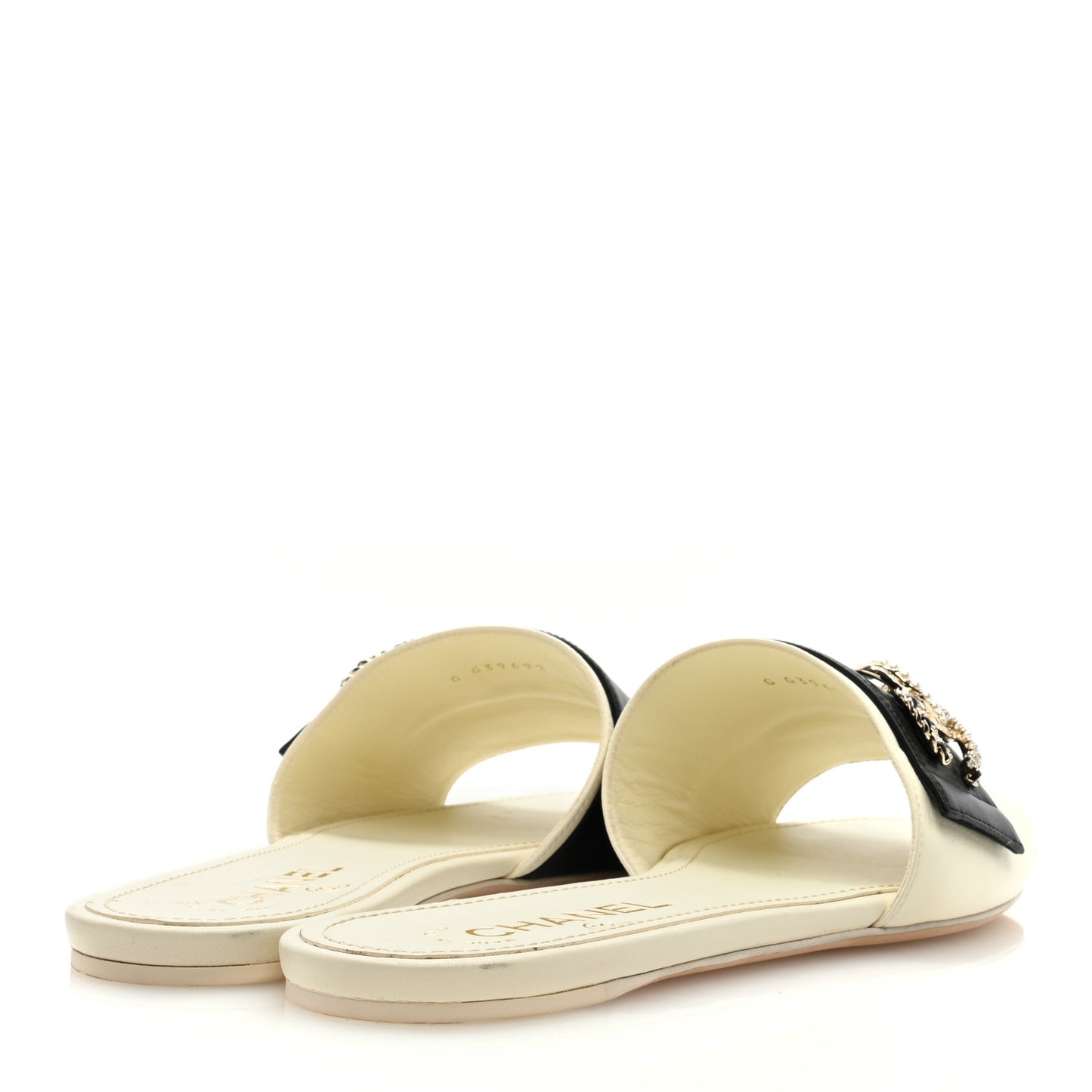 Lambskin Pearl Crystal CC Mules Sandals 39.5 Ivory Black
