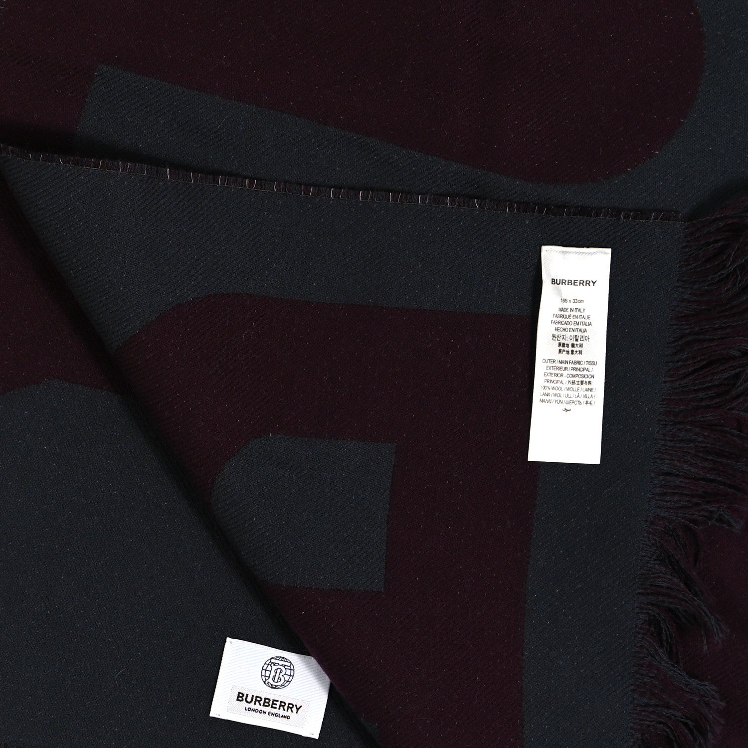 Burberry Wool Jacquard Logo Scarf Maroon Grey 4 of 4