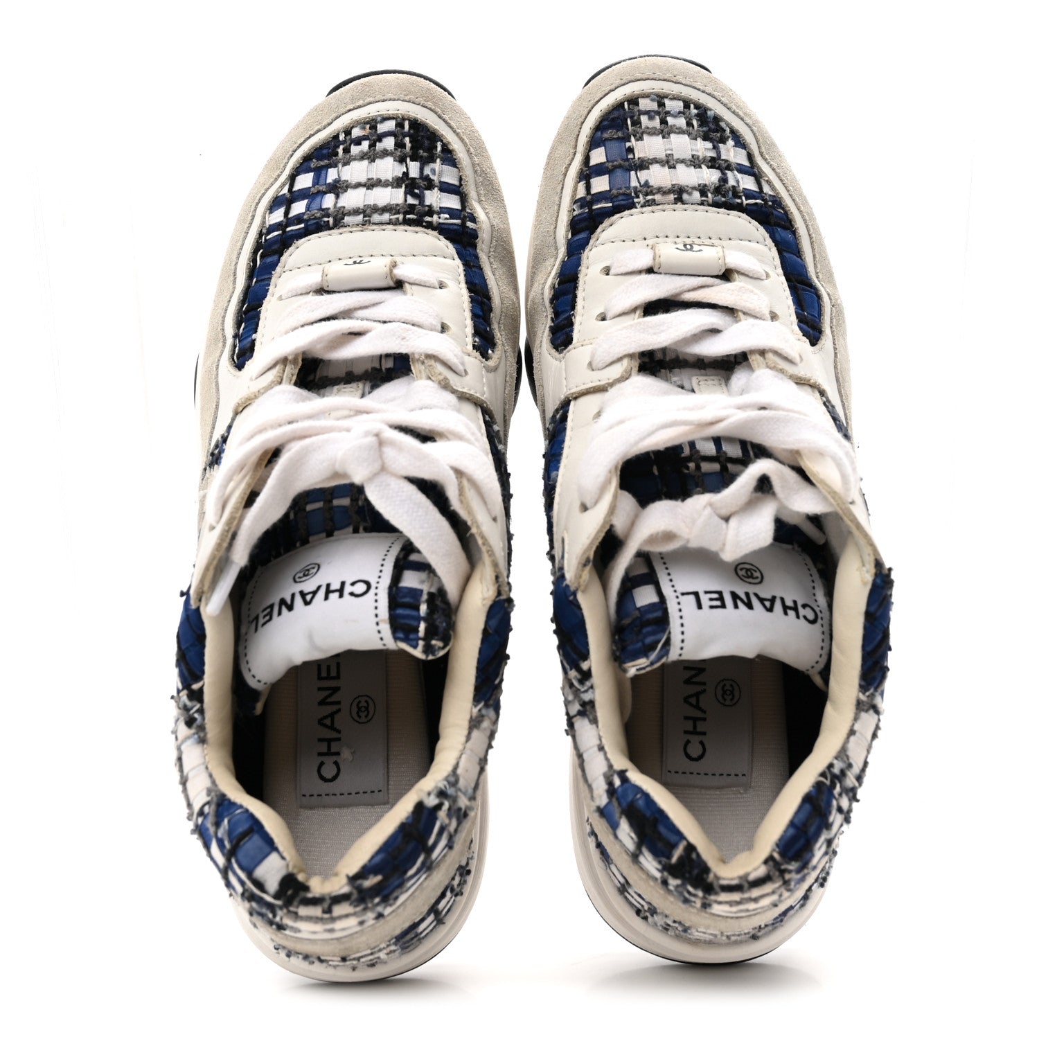 Chanel Tweed Suede Calfskin Womens CC Sneakers 37 Dark Blue Black Grey White 2 of 9