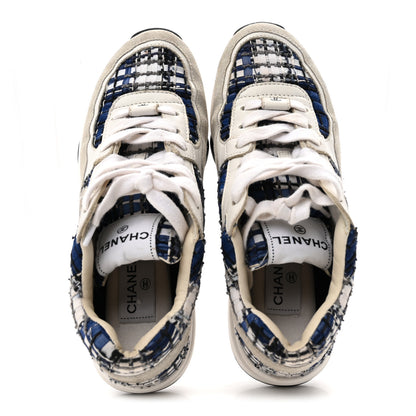 Chanel Tweed Suede Calfskin Womens CC Sneakers 37 Dark Blue Black Grey White 2 of 9