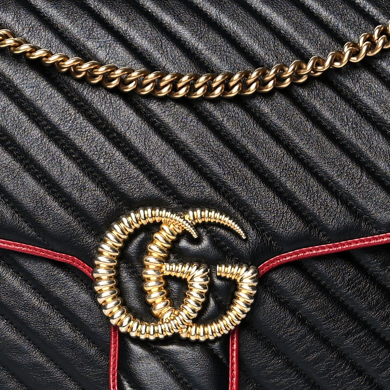 Gucci Vintage Effect Calfskin Matelasse Diagonal Large Torchon GG Marmont Shoulder Bag Black Romantic Cherry 7 of 9