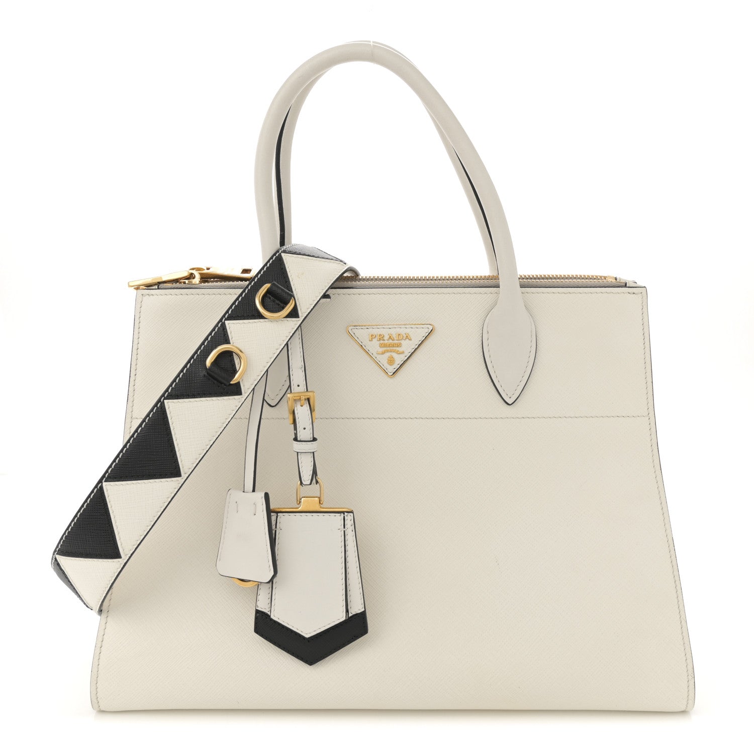 Prada Saffiano City Calfskin Greche Paradigme Bag White Black 1 of 12