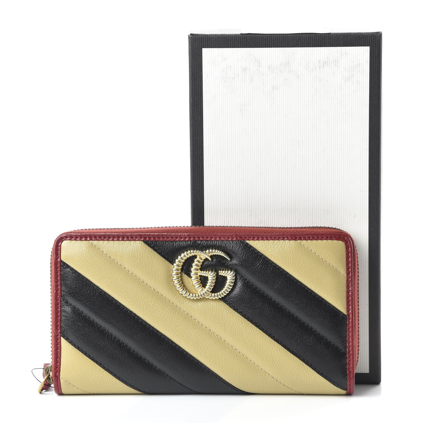 Azalea Calfskin Matelasse Diagonal Patchwork Torchon GG Marmont Zip Around Wallet Black Beige Romantic Cerise