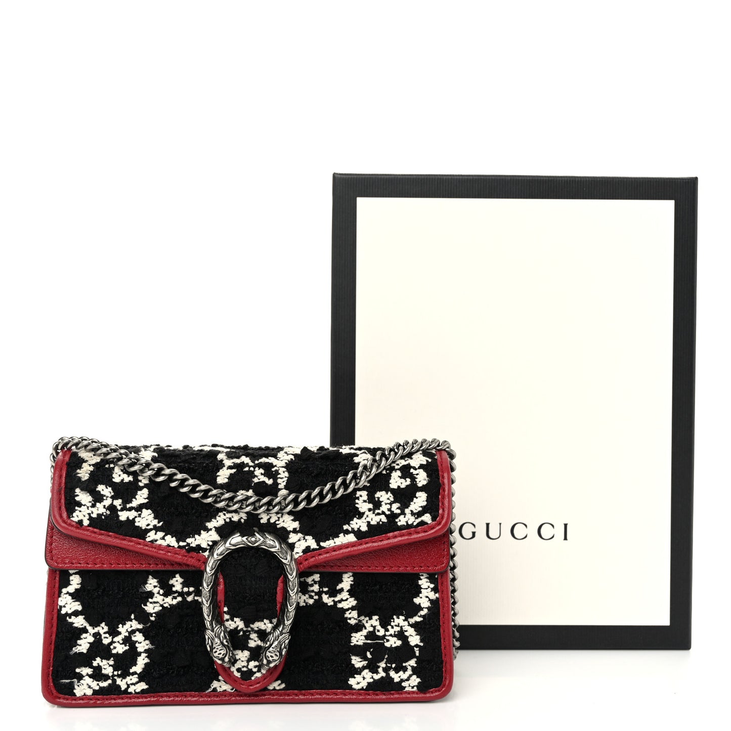 Tweed GG Monogram Super Mini Dionysus Shoulder Bag Black White Romantic Cherry