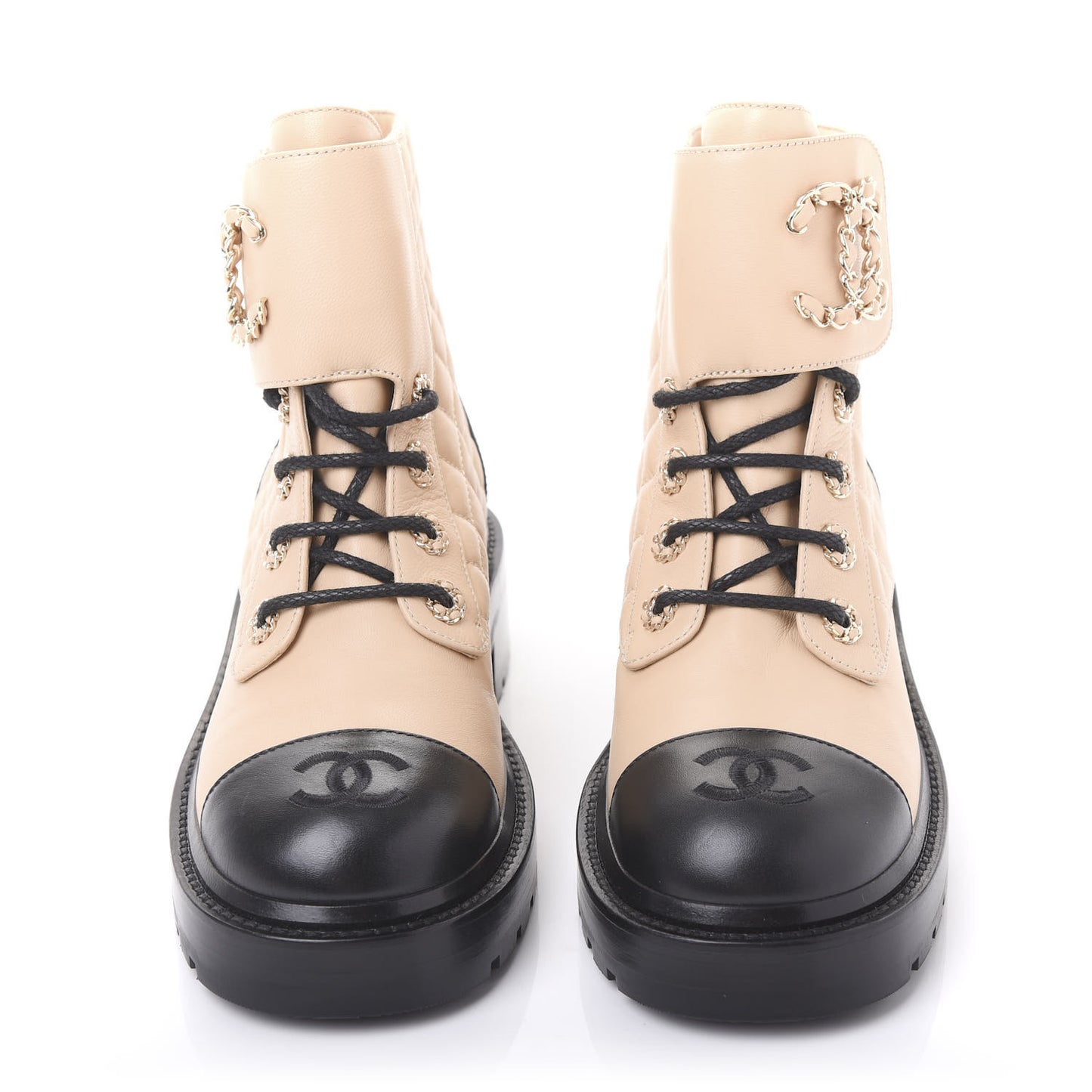 Lambskin Calfskin Quilted Lace Up Combat Boots 36.5 Beige Black