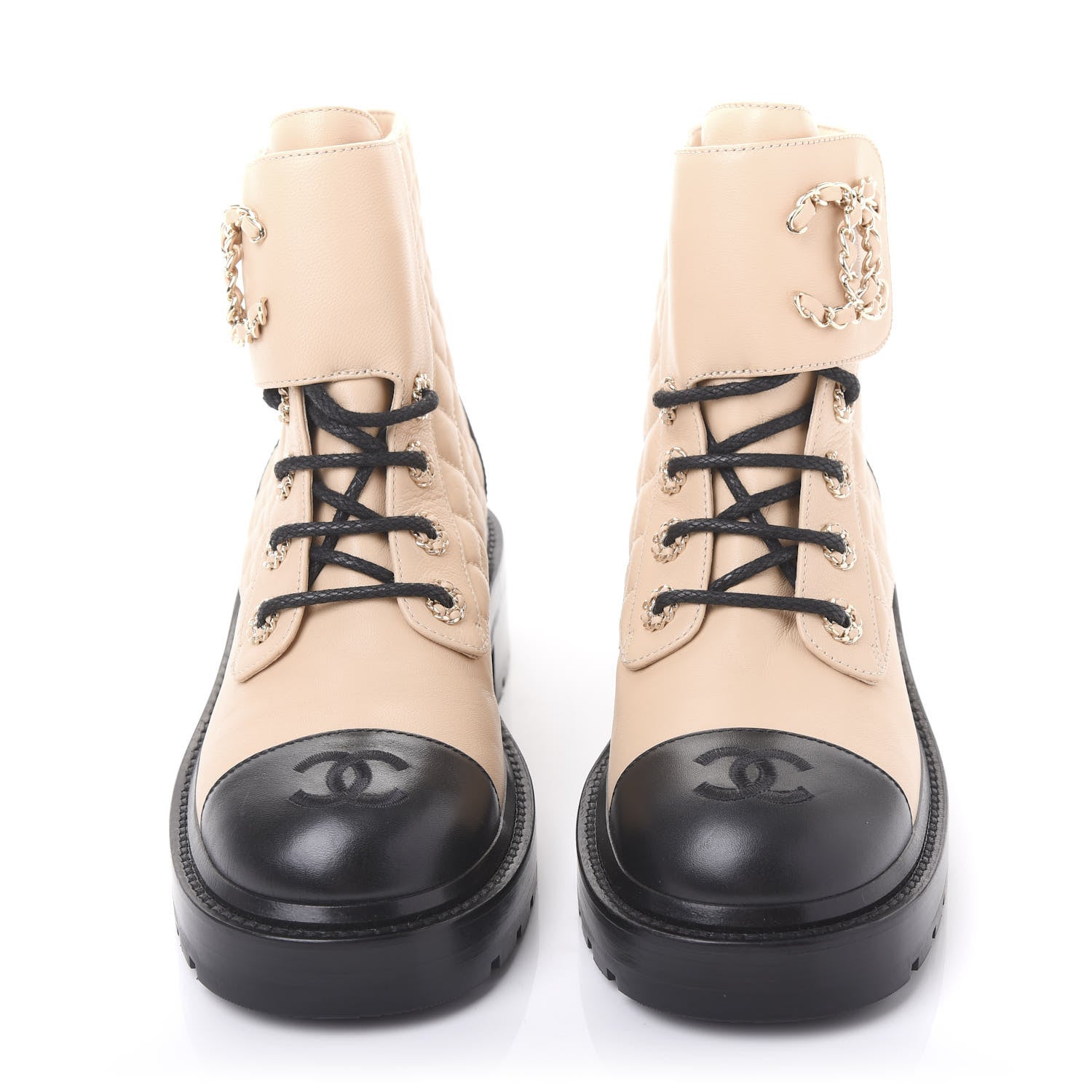 Chanel Lambskin Calfskin Quilted Lace Up Combat Boots 36.5 Beige Black 2 of 9