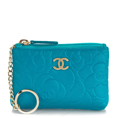 Chanel Lambskin Camellia Embossed Key Holder Case Turquoise 1 of 7