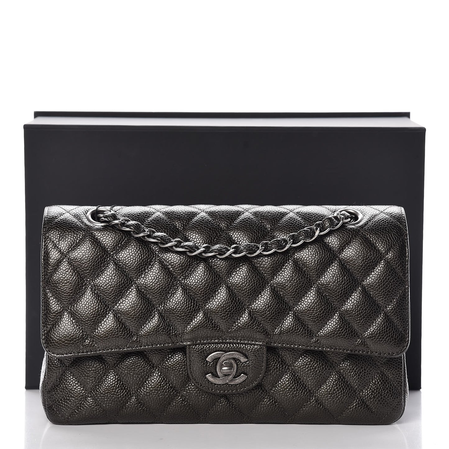 Metallic Caviar Quilted Medium Double Flap Dark Charcoal