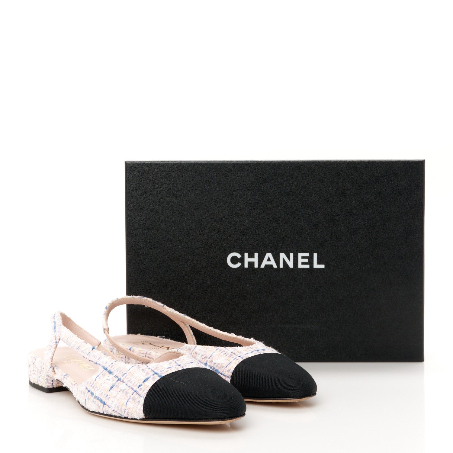 Chanel Tweed Grosgrain Cap Toe Slingback Flats 39 White Blue Pink