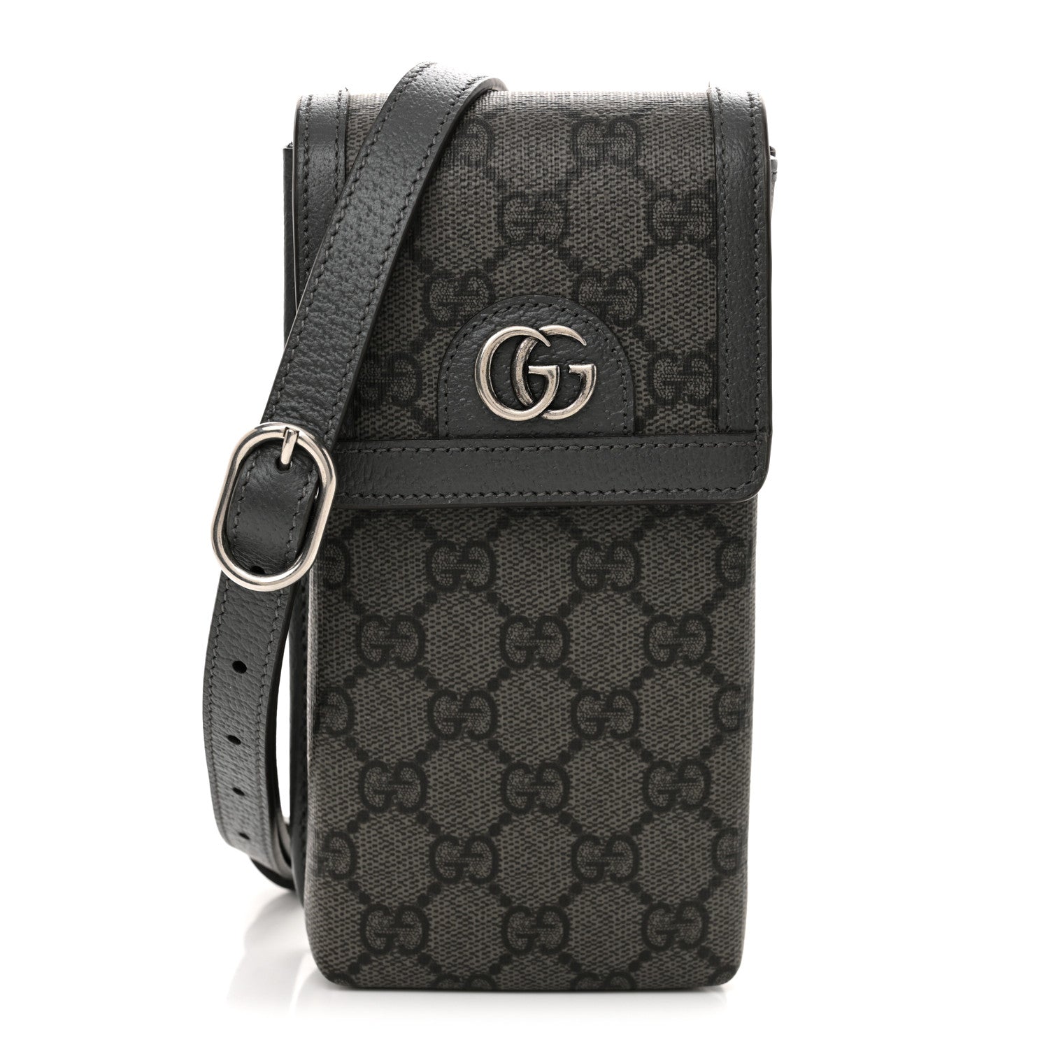Gucci GG Supreme Monogram Textured Dollar Calfskin Phone Crossbody Bag Grey Black Graphite Grey 1 of 10
