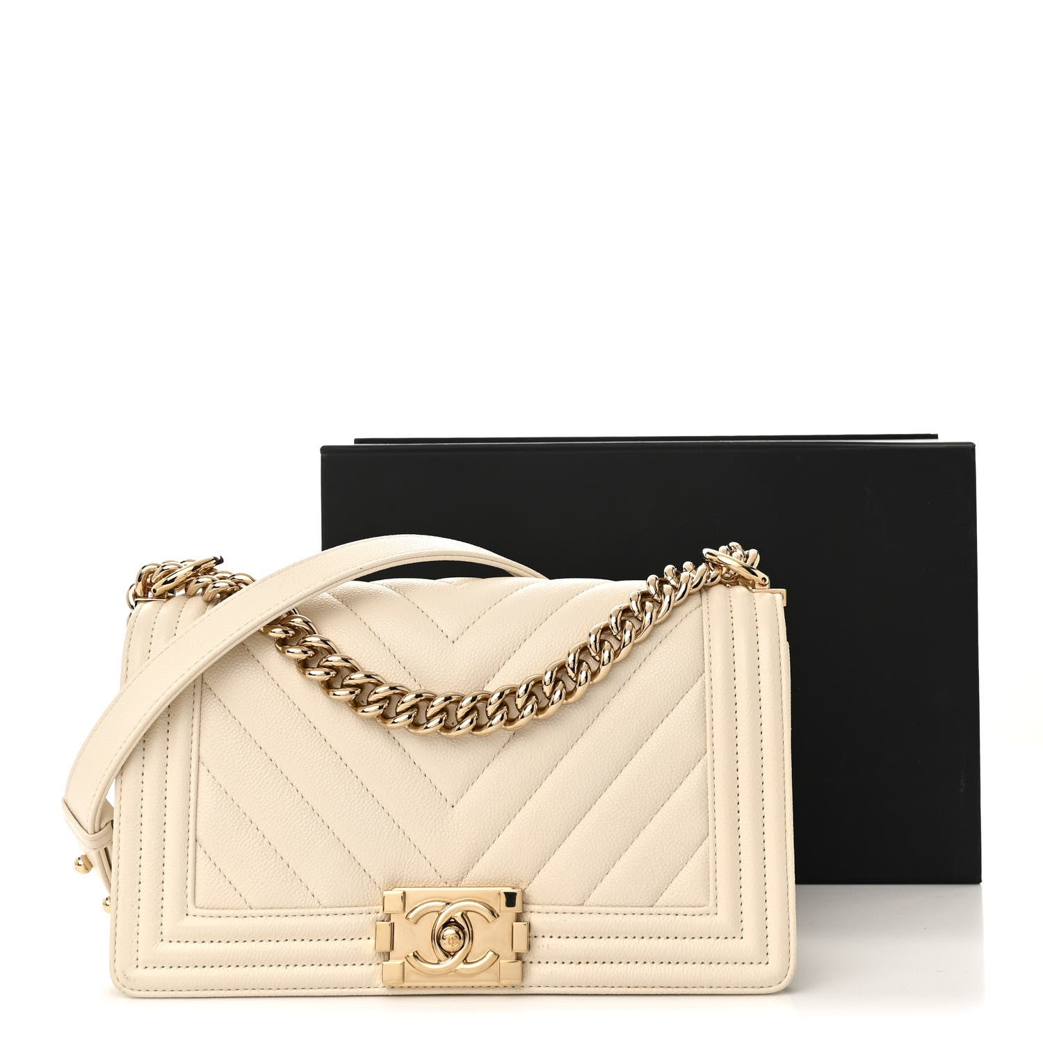 Chanel Caviar Chevron Quilted Medium Boy Flap White 17 of 17