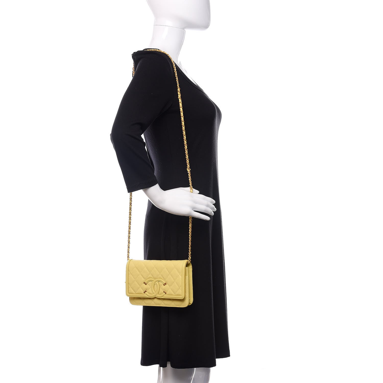 Chanel Caviar Quilted CC Filigree Wallet On Chain WOC Yellow 2 of 11