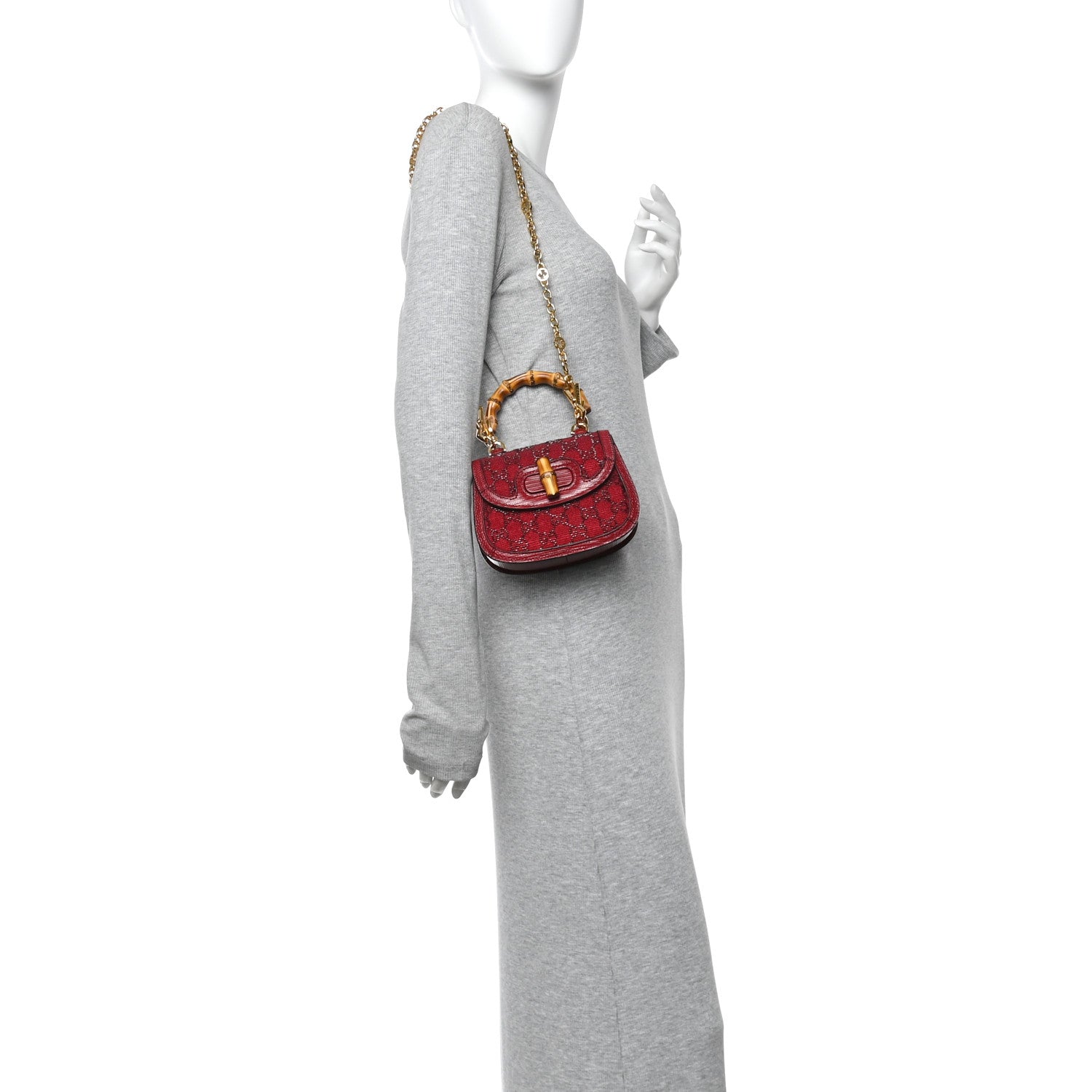 Gucci Moire Fabric Calfskin Rhinestone Monogram Monochrome Lizard Embossed Mini Bamboo 1947 Top Handle Chain Bag Red 2 of 10