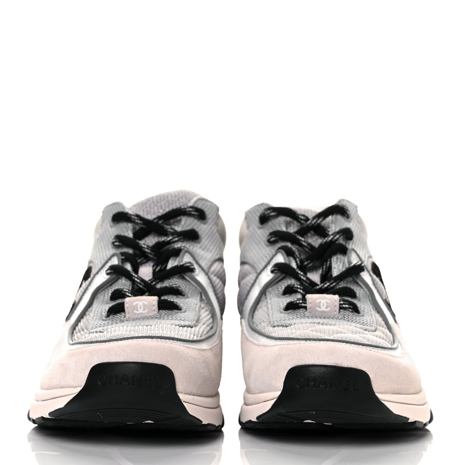Chanel Nylon Calfskin Suede Womens CC Sneakers 39.5 Grey White Pink 5 of 32