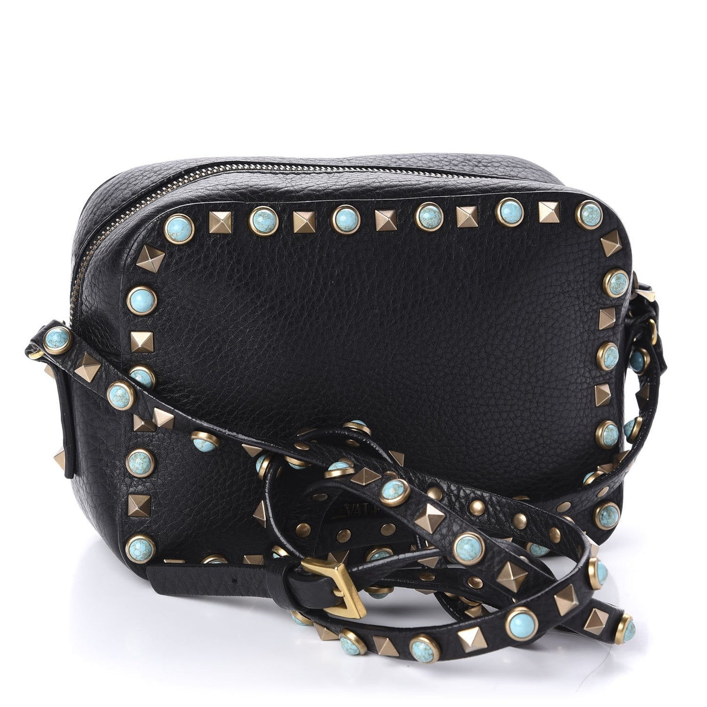 Grained Calfskin Turquoise Rockstud Rolling Camera Crossbody Bag Black