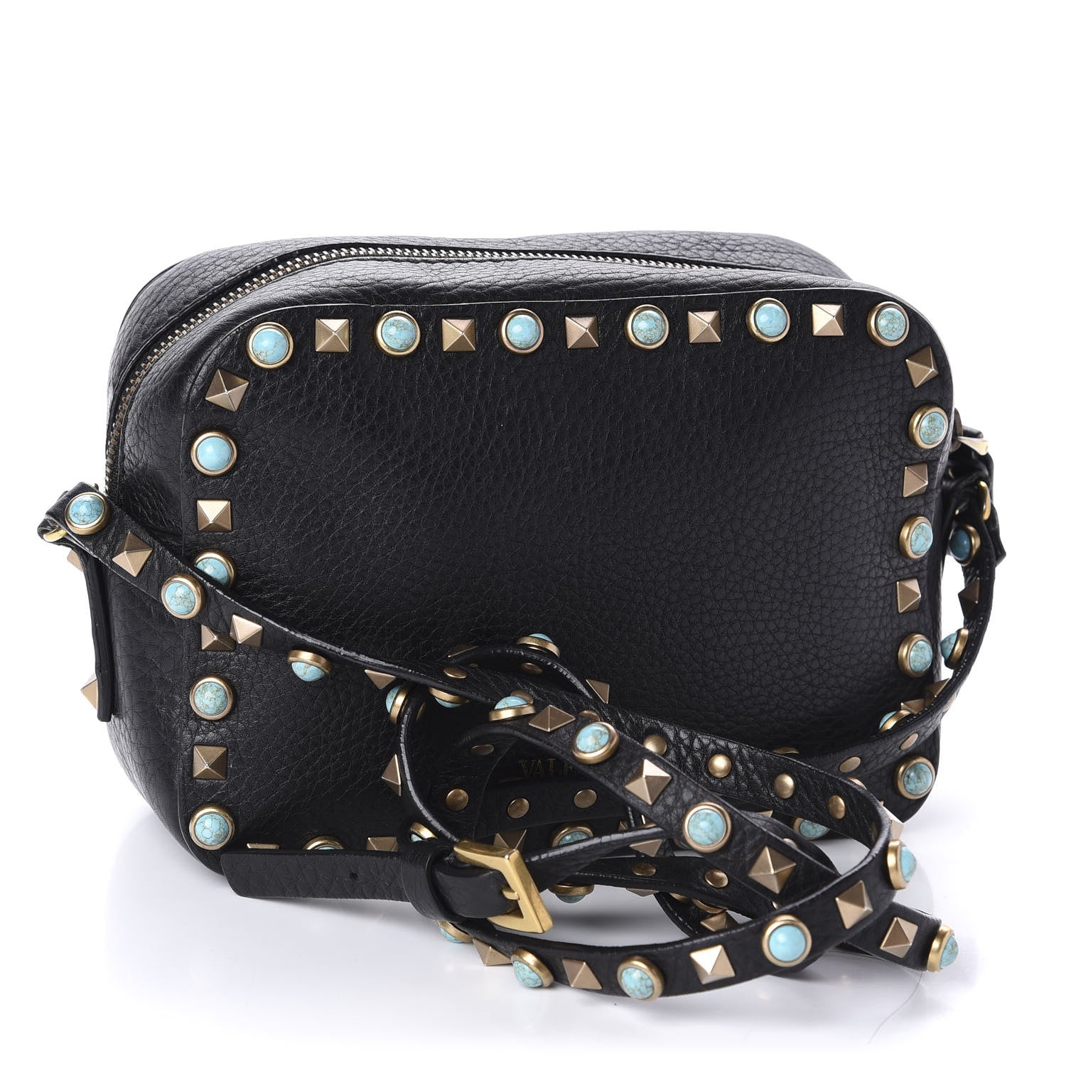 Valentino Garavani Grained Calfskin Turquoise Rockstud Rolling Camera Crossbody Bag Black 3 of 9