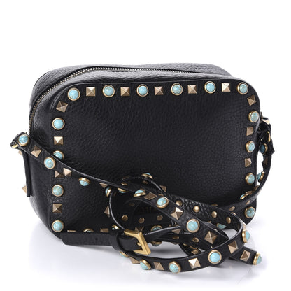 Valentino Garavani Grained Calfskin Turquoise Rockstud Rolling Camera Crossbody Bag Black 3 of 9