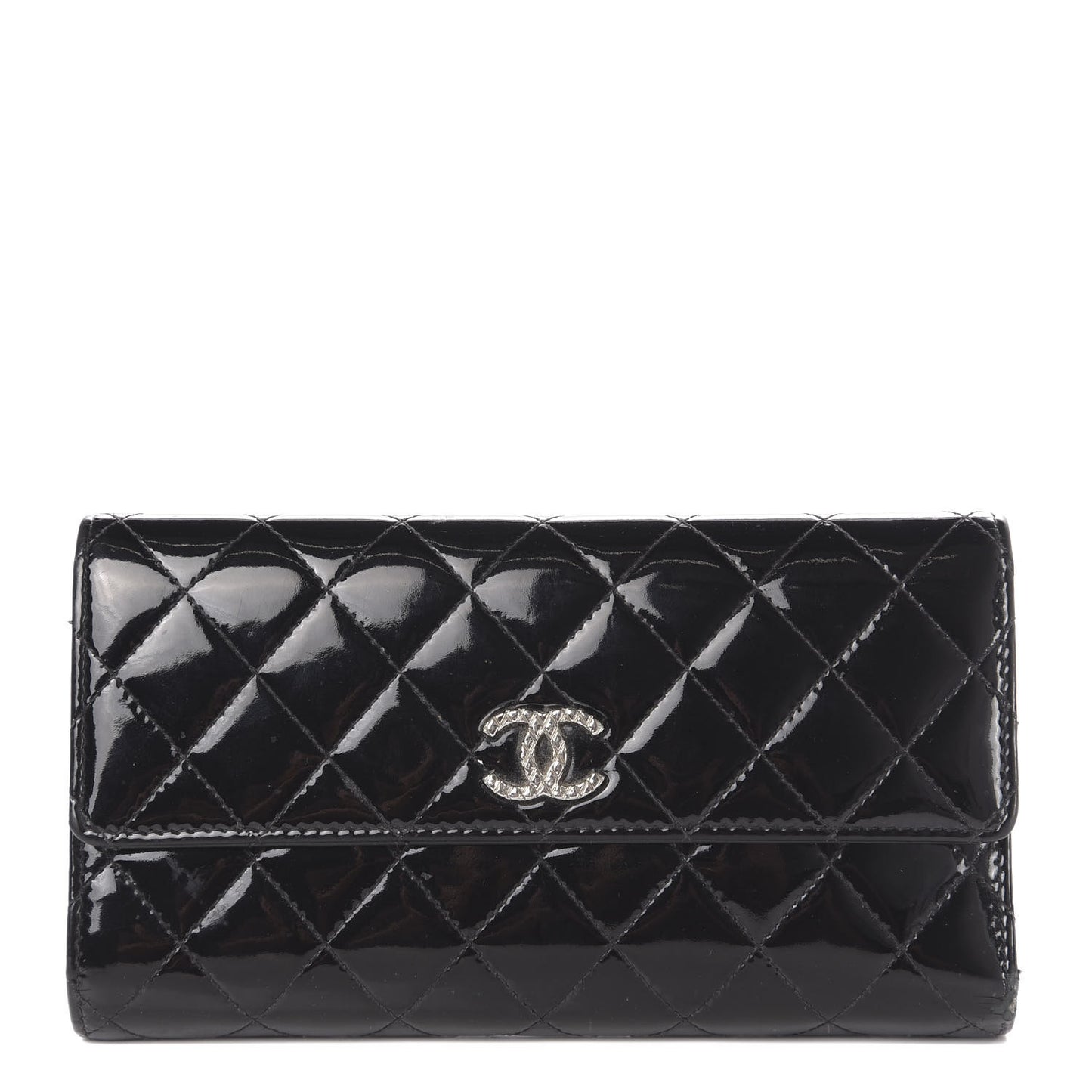 Patent Quilted Large Brilliant Flap Wallet Black