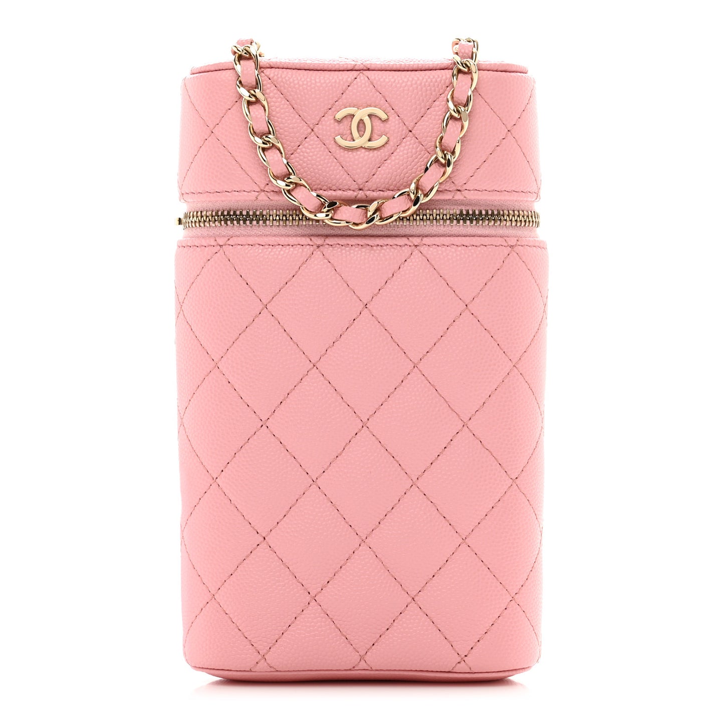 Caviar Quilted Phone Holder With Chain Pink