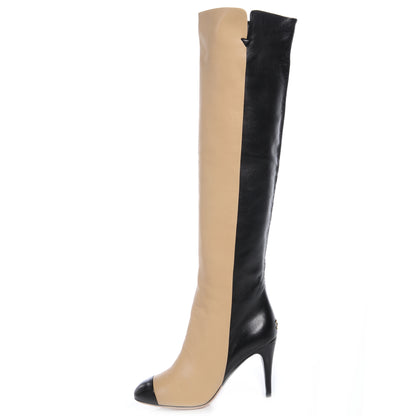 Chanel Leather Knee High Boots 9.5 Black Beige 1 of 7