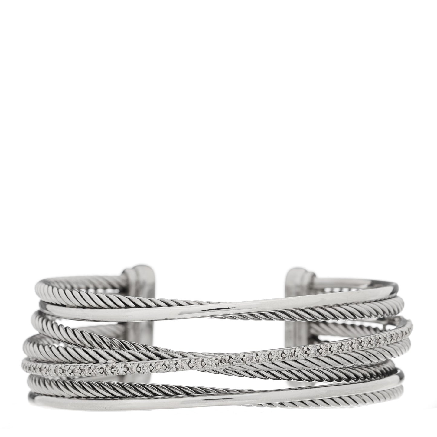 Sterling Silver 14K White Gold Diamond Crossover Four Row Cuff Bracelet
