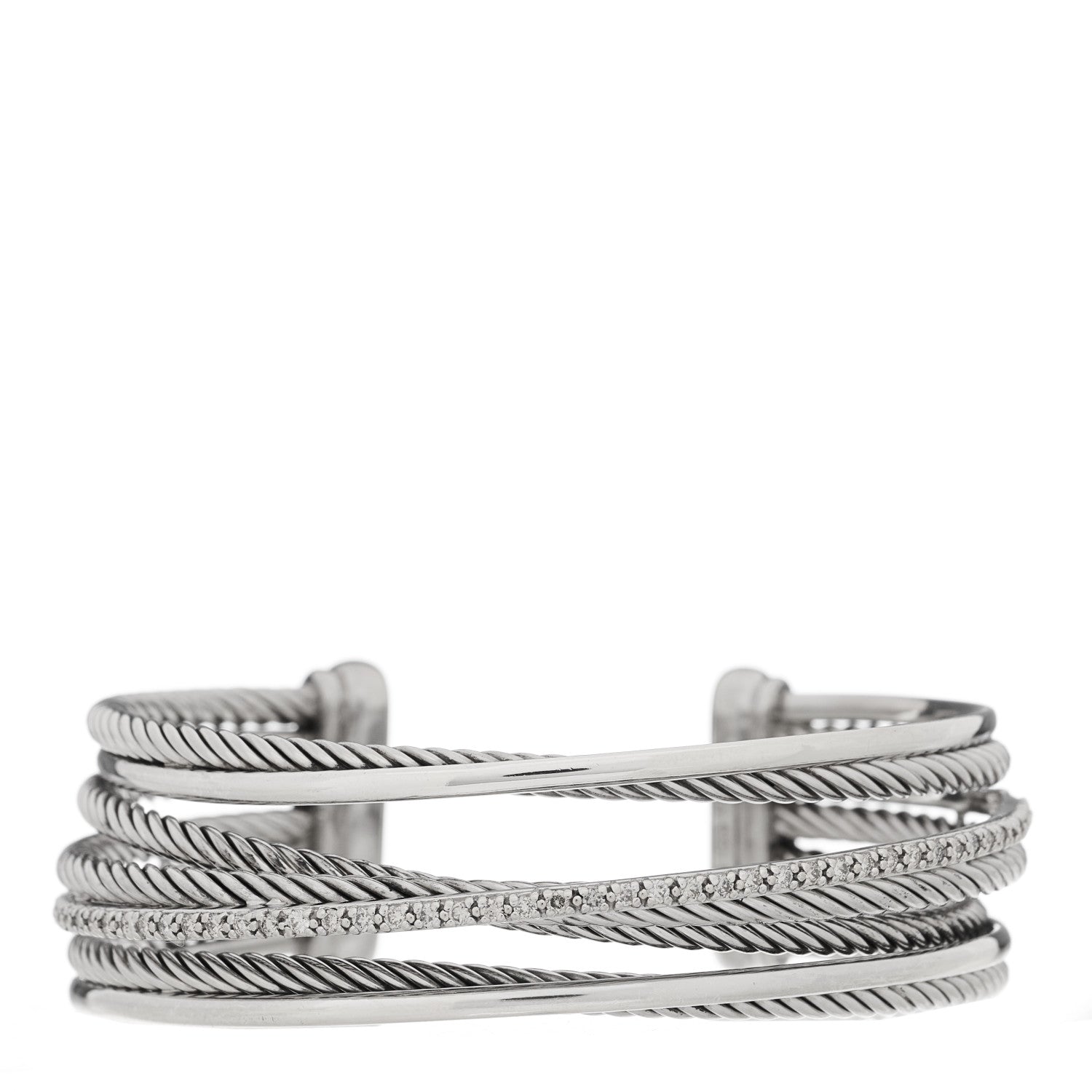 David Yurman Sterling Silver 14K White Gold Diamond Crossover Four Row Cuff Bracelet 1 of 3