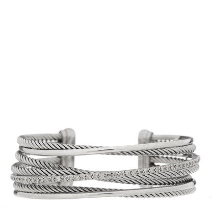 David Yurman Sterling Silver 14K White Gold Diamond Crossover Four Row Cuff Bracelet 1 of 3