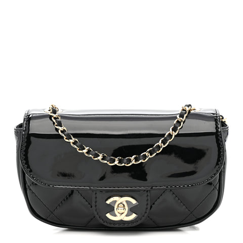 Patent Calfskin Quilted Mini Clutch Black
