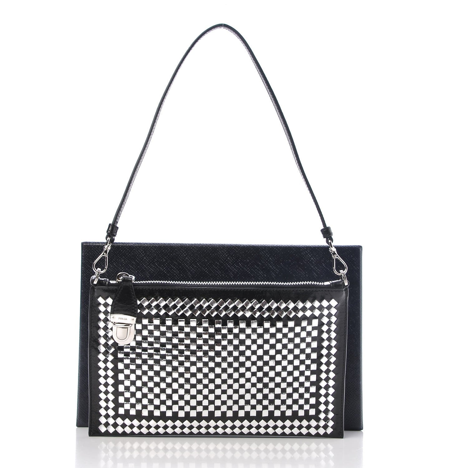 Prada Goatskin Woven Pochette Black Argento 7 of 7