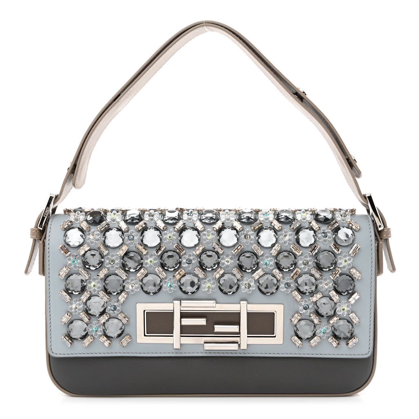 Vitello Dolce Crystal 3Baguette Shoulder Bag Blue Grey