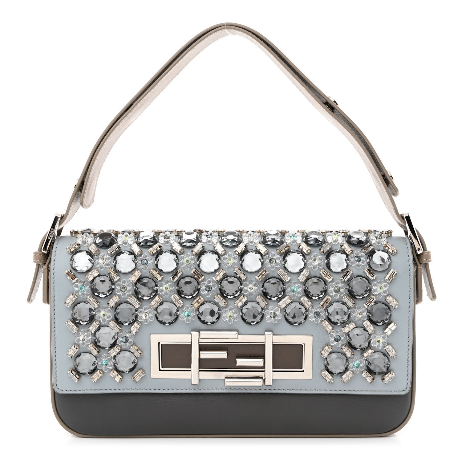 Fendi Vitello Dolce Crystal 3Baguette Shoulder Bag Blue Grey 1 of 13