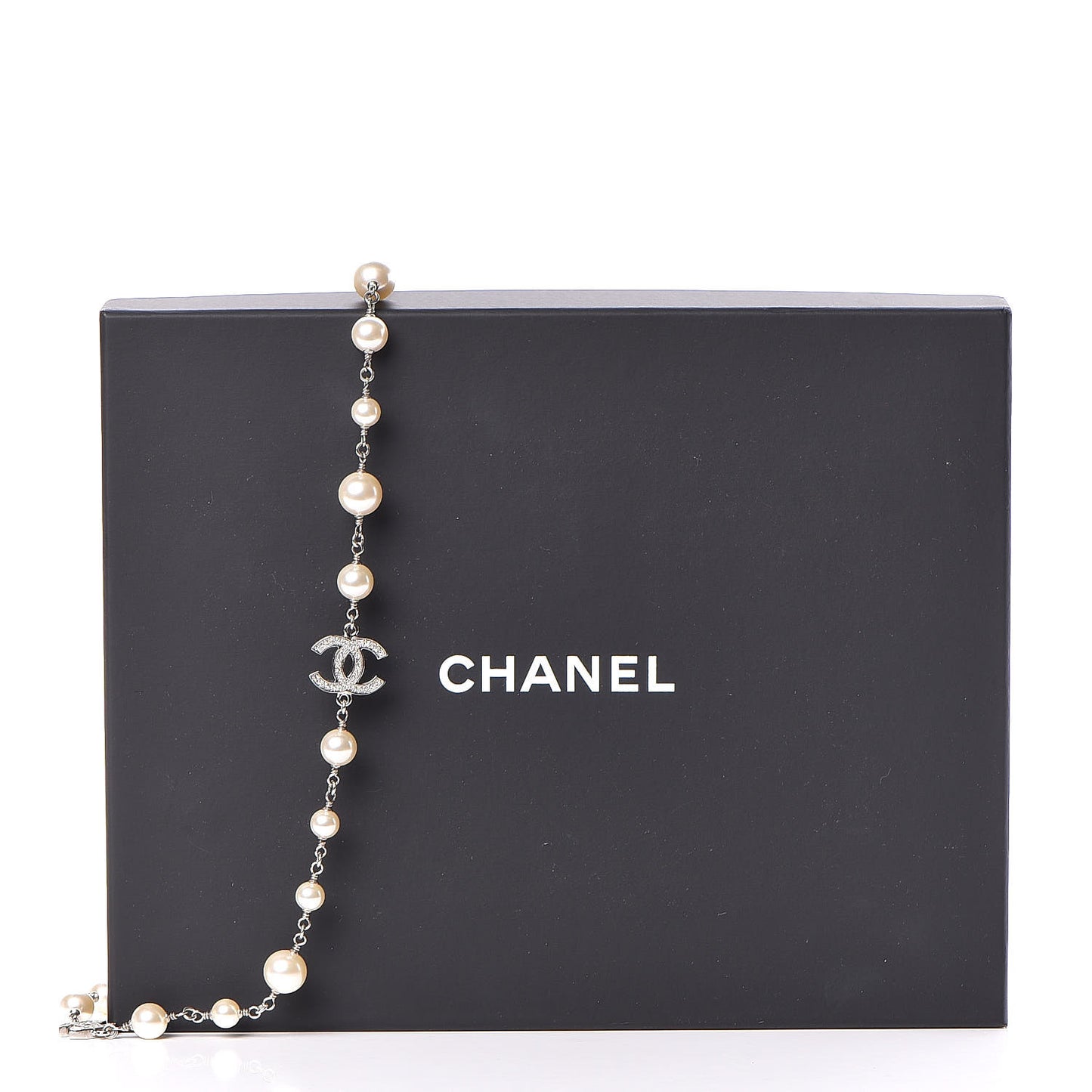 Graduated Pearl Crystal CC Long Necklace Silver