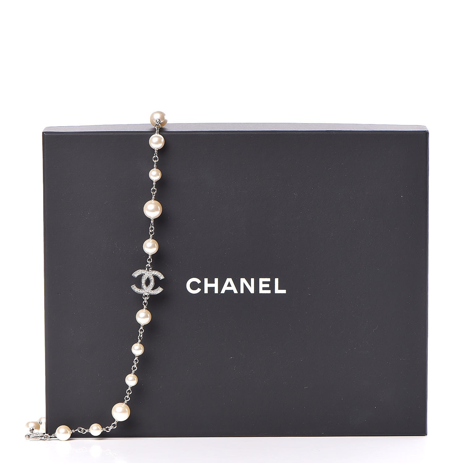 Chanel Graduated Pearl Crystal CC Long Necklace Silver 5 of 5