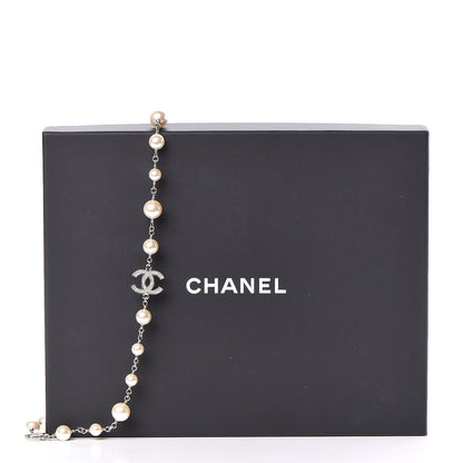 Chanel Graduated Pearl Crystal CC Long Necklace Silver 5 of 5