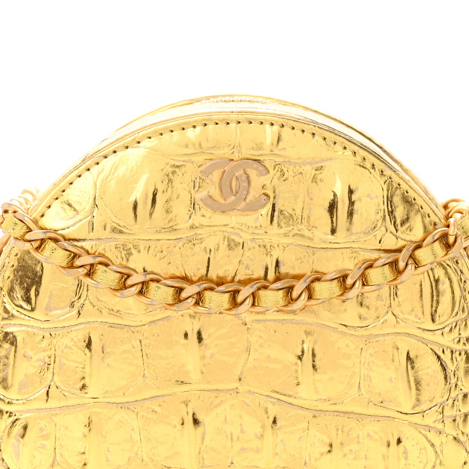 Chanel Metallic Calfskin Crocodile Embossed Cocodile Round Clutch with Chain Gold 8 of 12