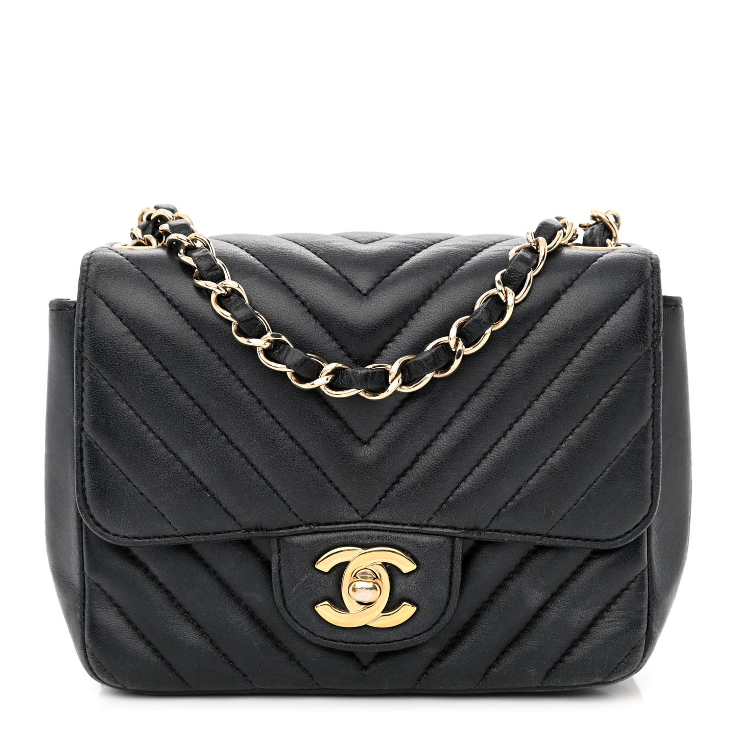 Lambskin Chevron Quilted Mini Square Flap Black