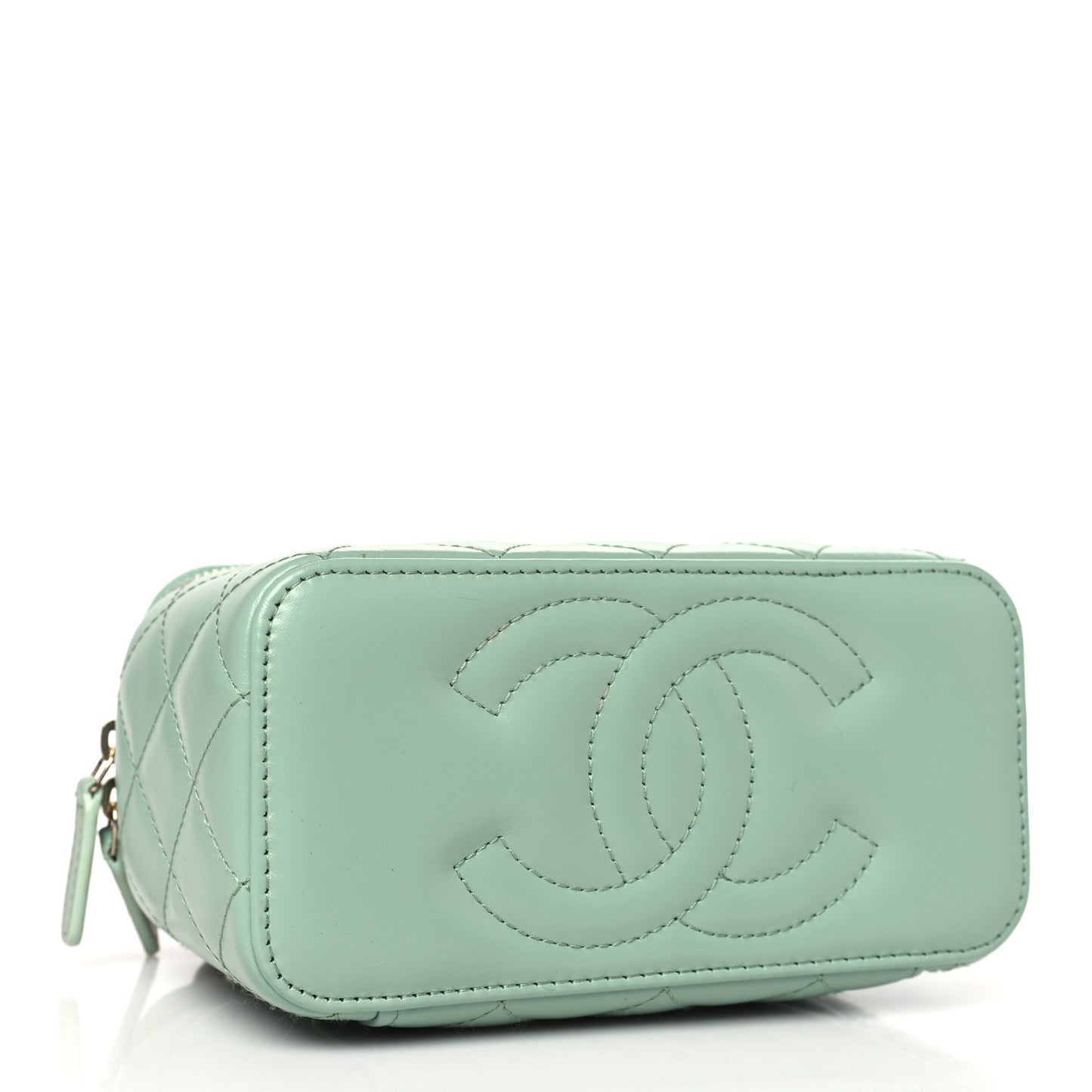 Shiny Calfskin Quilted Small Top Handle Vanity Case With Chain Light Green